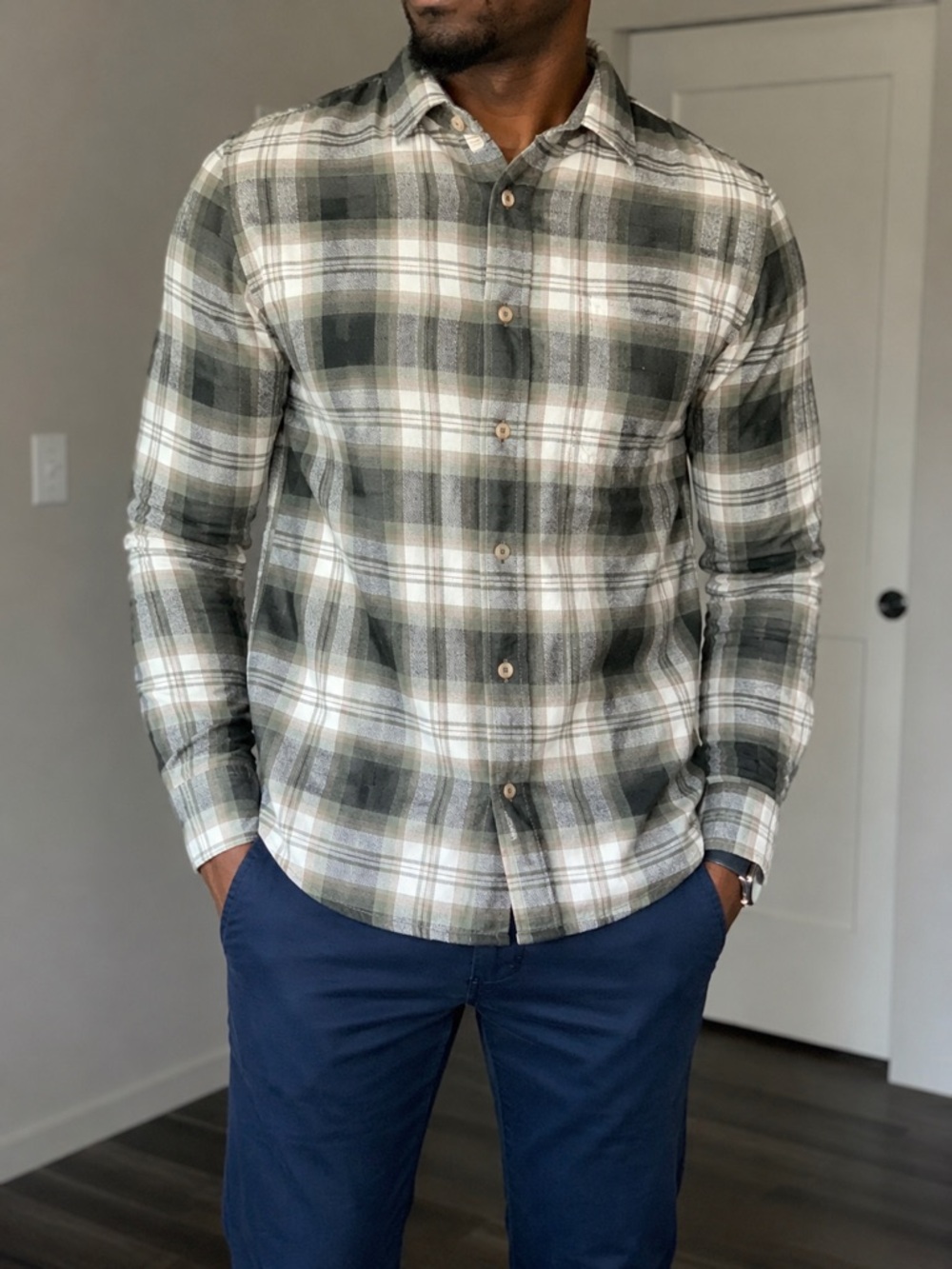 Denim & Flower Men's Olive and Cream Plaid Button-Down Shirt